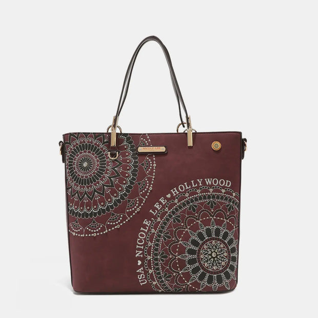 Nicole Lee USA Metallic Stitching Embroidery Inlaid Rhinestone Tote Bag - Fashionmj