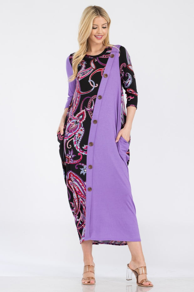 Celeste Full Size Paisley Contrast Midi Dress with Pockets - Fashionmj