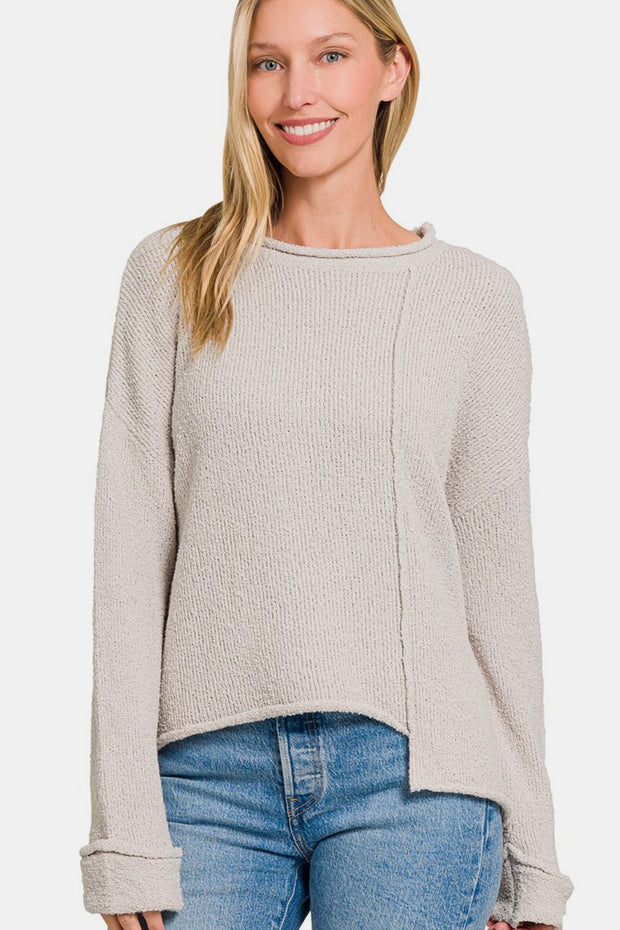 Zenana Asymmetric Hem Drop Shoulder Sweater - Fashionmj