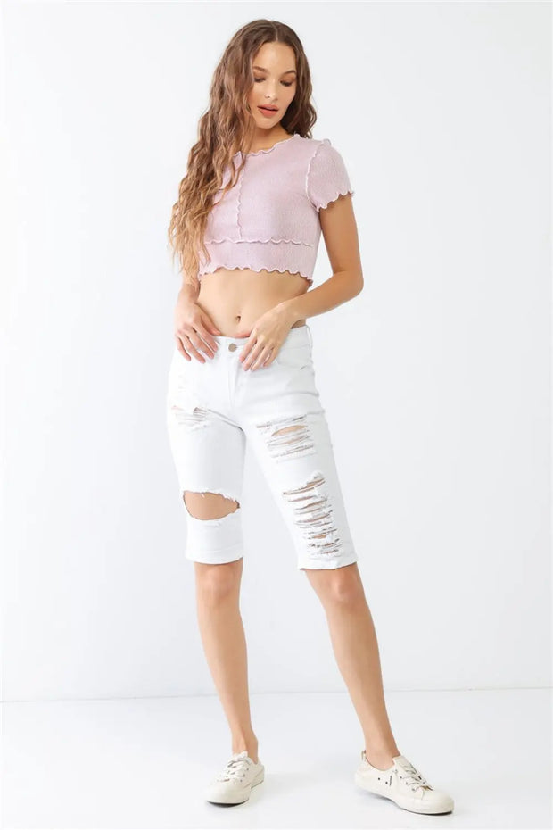 LITZ LA Distressed Bermuda Denim Shorts - Fashionmj