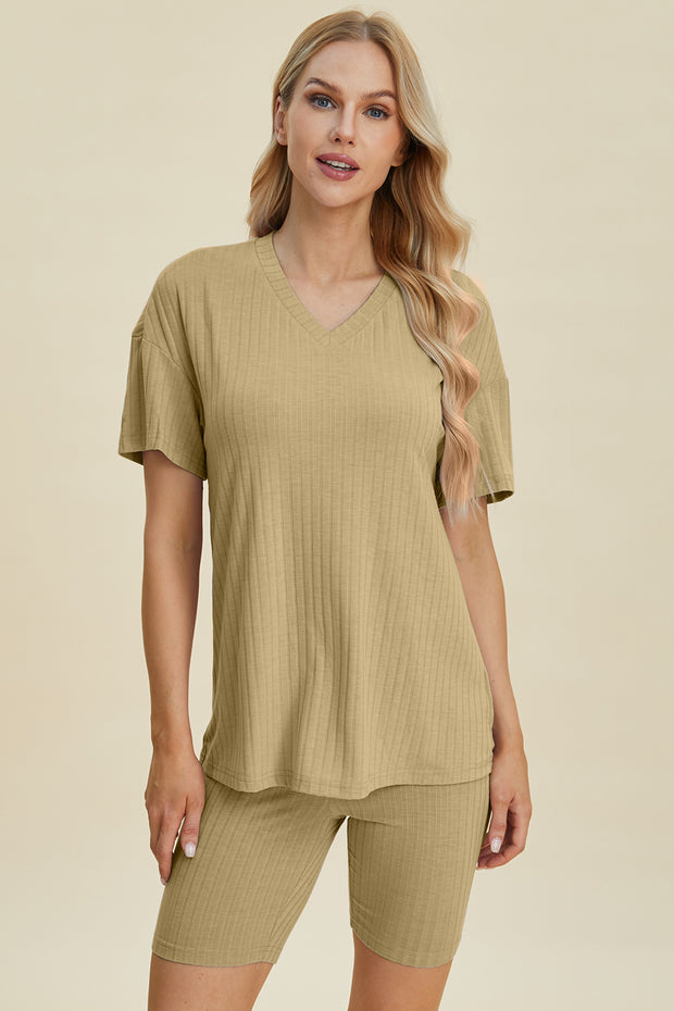 Basic Bae Full Size Ribbed V-Neck Short Sleeve Top and Shorts Set - Fashionmj