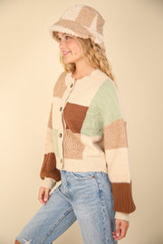 VERY J Color Block Button Down Textured Sweater Cardigan - Fashionmj