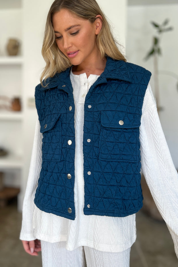 Double Take Full Size Pocketed Texture Snap Down Vest Coat - Fashionmj