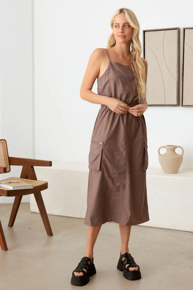 Tasha Apparel Adjustable Strap Waist Drawstring Cargo Midi Dress Trendsi