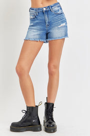 RISEN Full Size High Rise Distressed Raw Hem Denim Shorts - Fashionmj