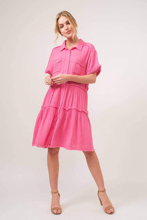 And The Why Full Size Raw Edge Washed Tiered Shirt Dress - Fashionmj