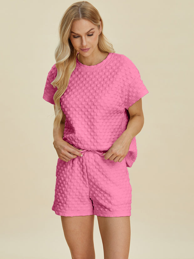 Double Take Full Size Texture T-Shirt and Shorts Set - Fashionmj