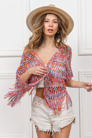 BiBi Open Front Fringed Crop Knit Cardigan - Fashionmj