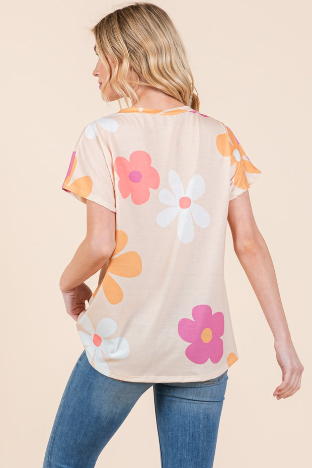 BOMBOM Floral Short Sleeve T-Shirt - Fashionmj