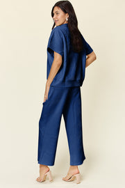 Double Take Full Size Texture Half Zip Short Sleeve Top and Pants Set - Fashionmj