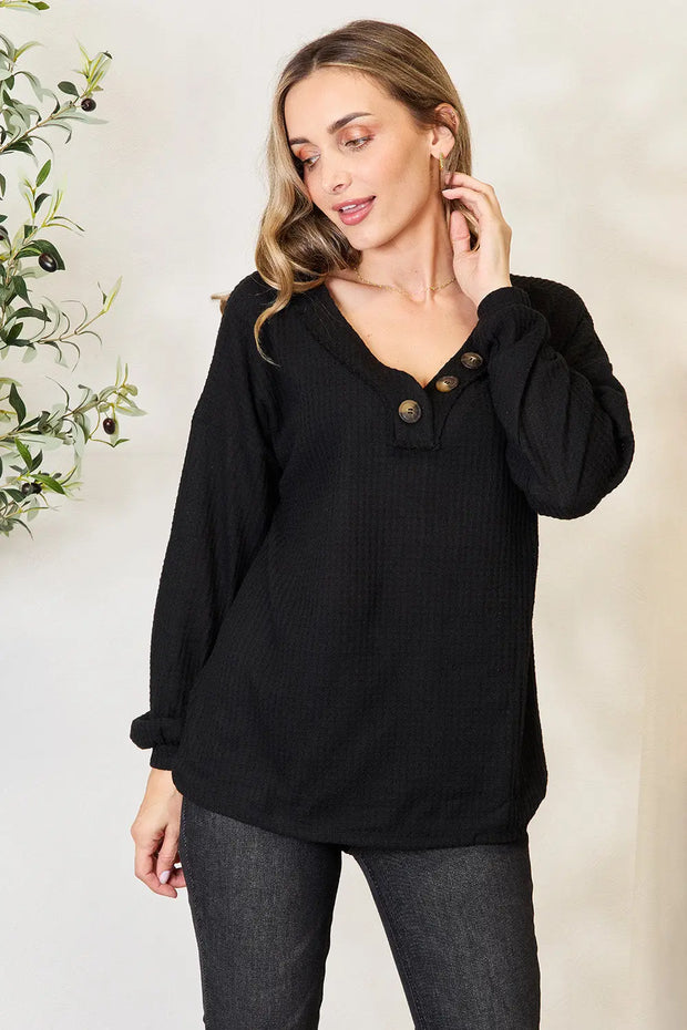 Zenana Buttoned Long Sleeve Blouse - Fashionmj