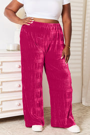 Double Take Full Size High Waist Tiered Shirring Velvet Wide Leg Pants - Fashionmj