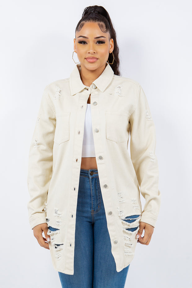 American Bazi Distressed Button Up Long Sleeve Denim Jacket - Fashionmj