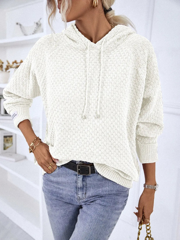 Texture Drawstring Long Sleeve Hooded Sweater - Fashionmj