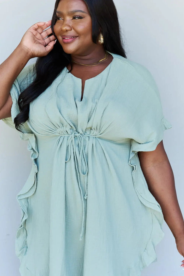 Ninexis Out Of Time Full Size Ruffle Hem Dress with Drawstring Waistband in Light Sage - Fashionmj