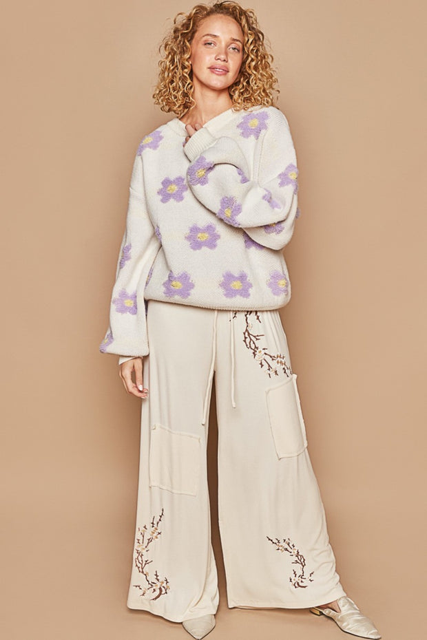 POL Daisy Pattern Drop Shoulder Sweater - Fashionmj