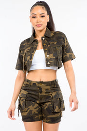 American Bazi Full Size Camouflage Short Sleeve Cropped Jacket - Fashionmj