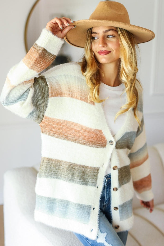 Haptics Full Size Button Down Stripe Soft Fuzzy Sweater Cardigan - Fashionmj