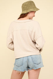 VERY J Exposed Seam V-Neck Ribbed Knit Top - Fashionmj