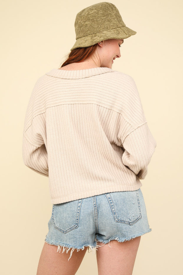 VERY J Exposed Seam V-Neck Ribbed Knit Top - Fashionmj