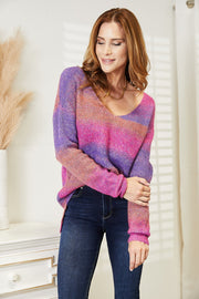 Angel Wings Multicolored Rib-Knit V-Neck Knit Pullover - Fashionmj