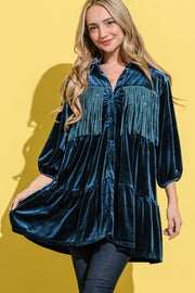 And The Why Fringe Detailed Velvet Shirt Dress - Fashionmj