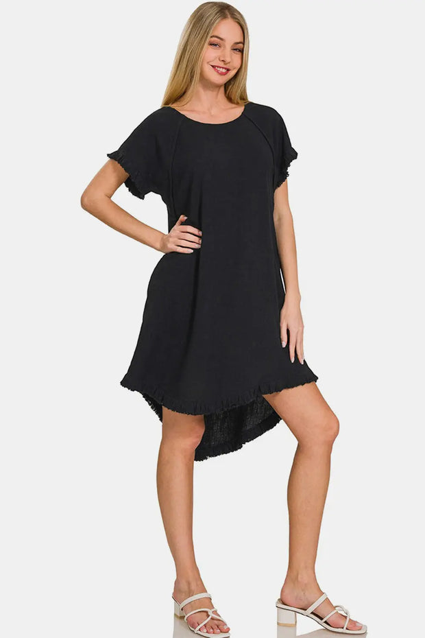 Zenana Fringe Edge High Low Flowy Dress with Pockets - Fashionmj