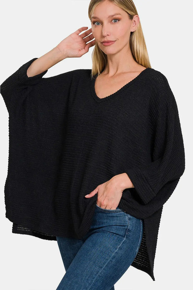 Zenana Full Size Waffle Knit V-Neck Long Sleeve Slit Top - Fashionmj