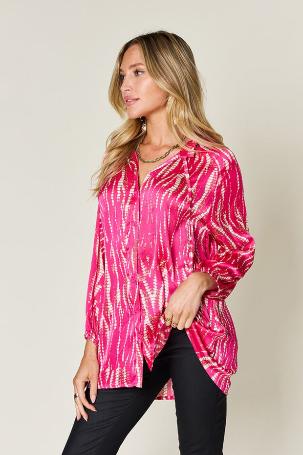 Double Take Full Size Printed Button Up Long Sleeve Shirt - Fashionmj