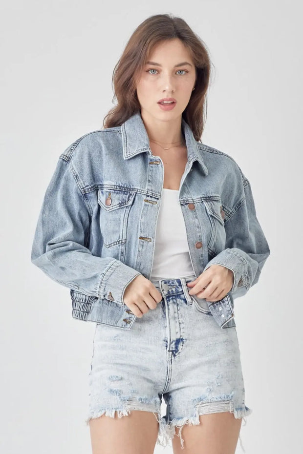 RISEN Full Size Button Down Cropped Denim Jacket - Fashionmj