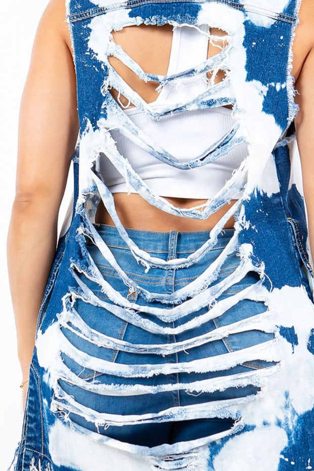 American Bazi Distressed Frayed Edge Longline Denim Vest - Fashionmj