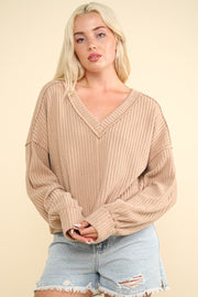 VERY J Exposed Seam V-Neck Ribbed Knit Top - Fashionmj