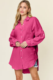 Double Take Full Size Pocketed Texture Button Up Shirt - Fashionmj