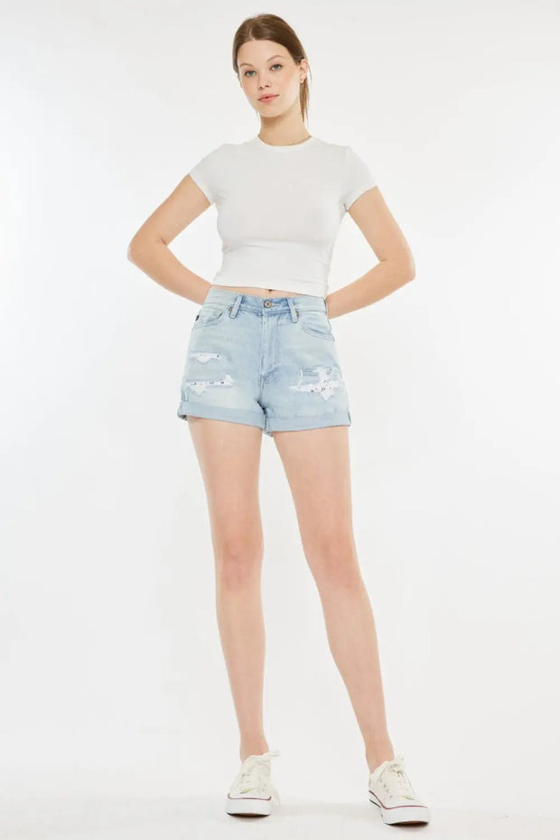 Kancan High Rise Repaired Mom Denim Shorts - Fashionmj