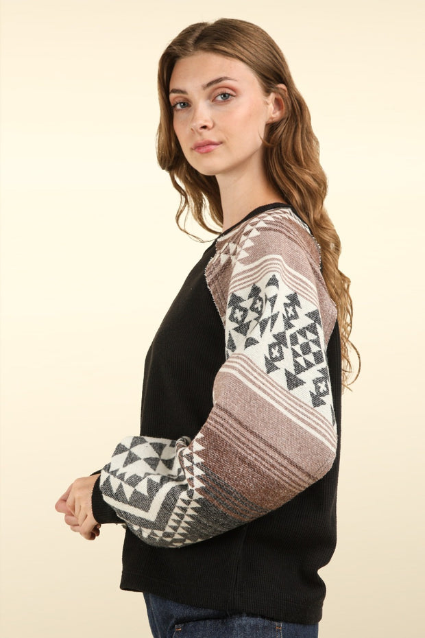 VERY J Printed Long Sleeve Round Neck Knit Top - Fashionmj