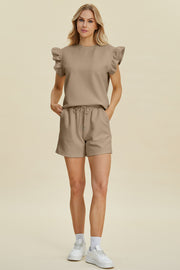 Double Take Full Size Texture Round Neck Ruffle Sleeve Top and Shorts Set - Fashionmj