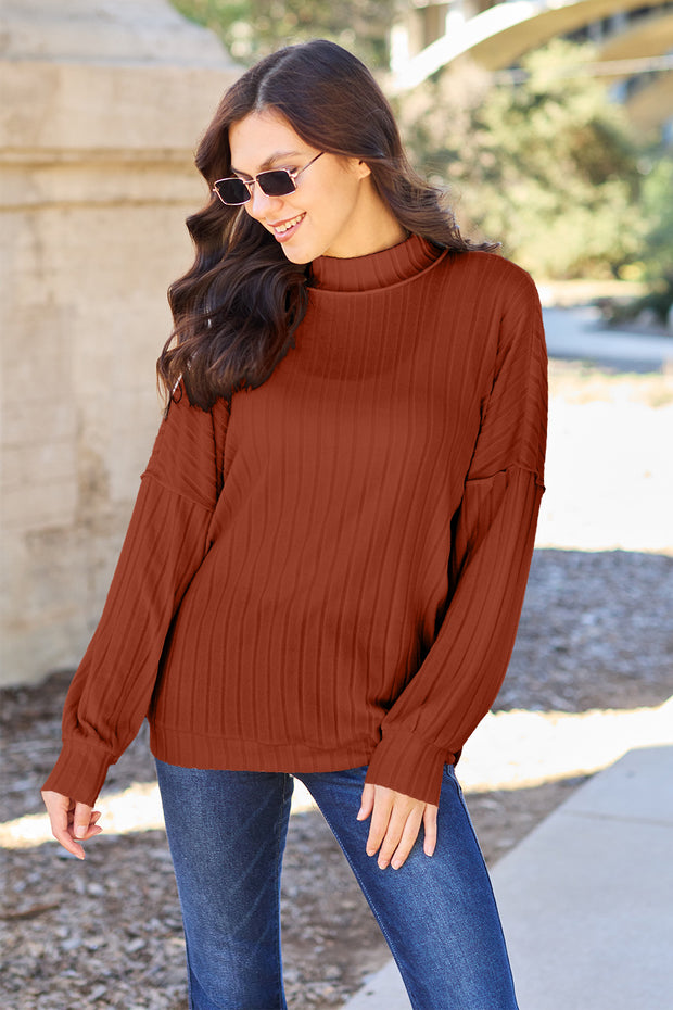 Basic Bae Full Size Ribbed Exposed Seam Mock Neck Knit Top - Fashionmj