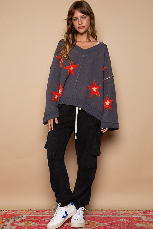 POL Long Sleeve Star Patch Sweater - Fashionmj