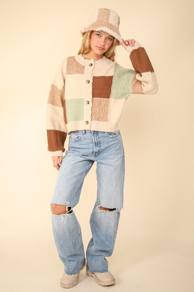 VERY J Color Block Button Down Textured Sweater Cardigan - Fashionmj