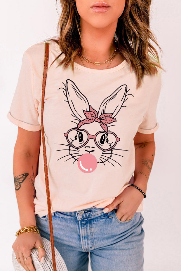 Rabbit Graphic Round Neck Short Sleeve T-Shirt - Fashionmj