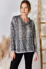 Hailey & Co Full Size Snakeskin V-Neck Long Sleeve Top - Fashionmj