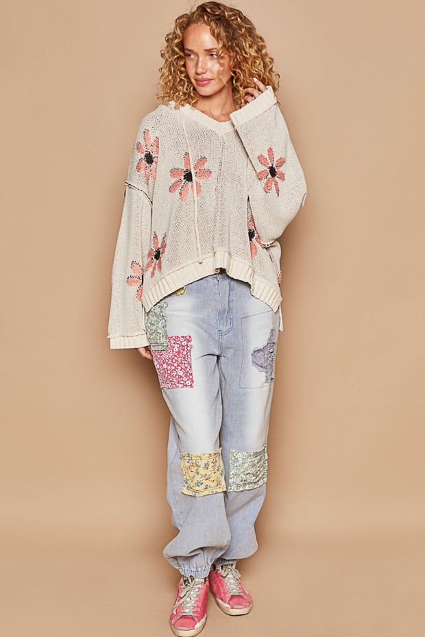 POL Floral Pattern Hooded High-Low Sweater - Fashionmj