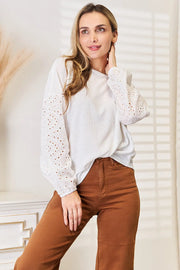 Eyelet Dropped Shoulder Round Neck Blouse - Fashionmj