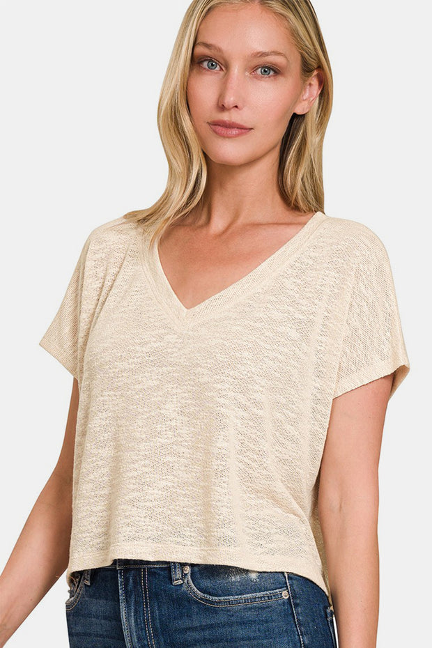 Zenana V-Neck Short Sleeve Crop T-Shirt - Fashionmj