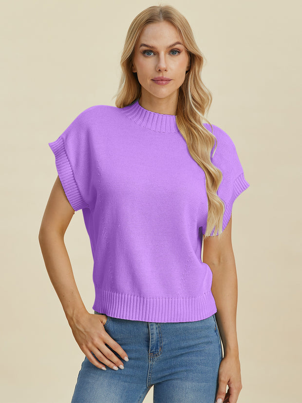 Double Take Full Size Mock Neck Short Sleeve Sweater - Fashionmj