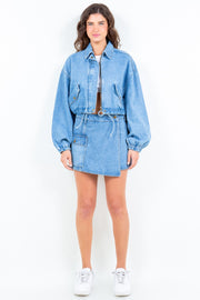 American Bazi Drawstring Waist Crop Denim Jacket - Fashionmj