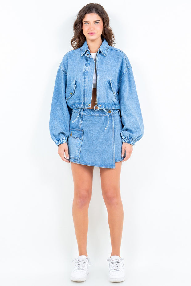 American Bazi Drawstring Waist Crop Denim Jacket - Fashionmj