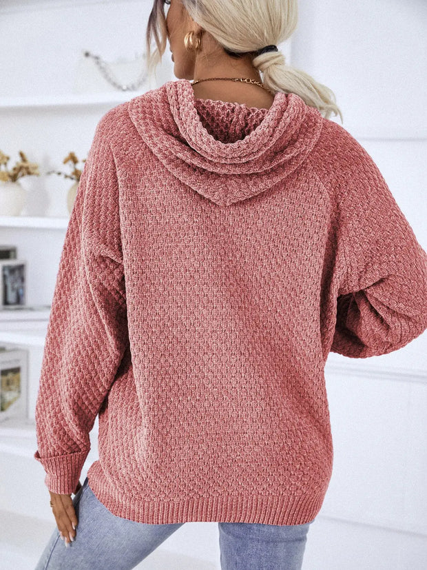 Texture Drawstring Long Sleeve Hooded Sweater - Fashionmj