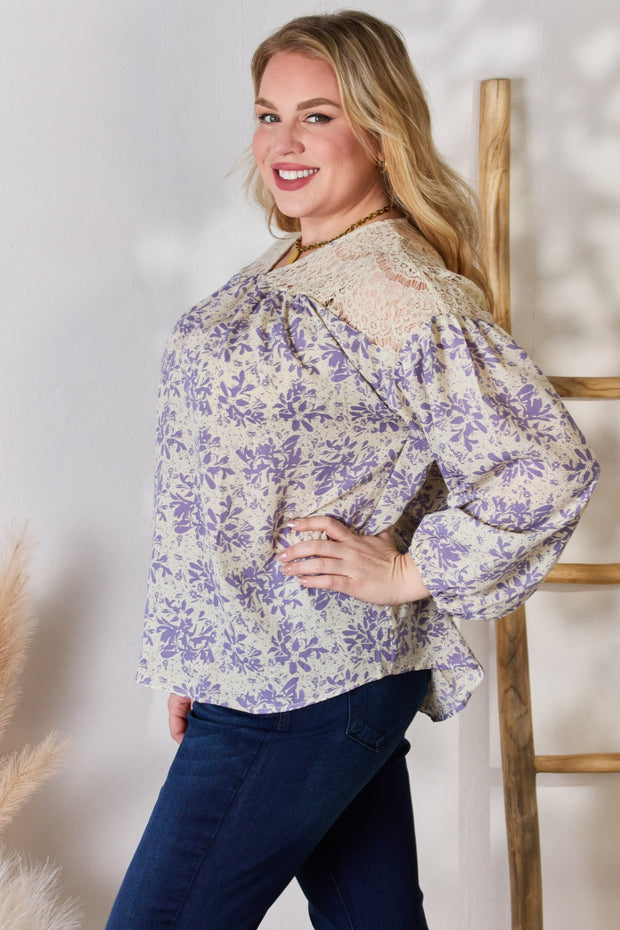 Hailey & Co Full Size Lace Detail Printed Blouse - Fashionmj