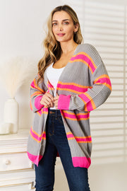 Woven Right Ribbed Long Sleeve Cardigan - Fashionmj